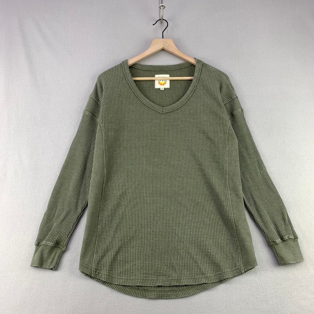 C&C California Waffle Knit V-Neck Top Womens M Green Casual Long Sleeve Thermal